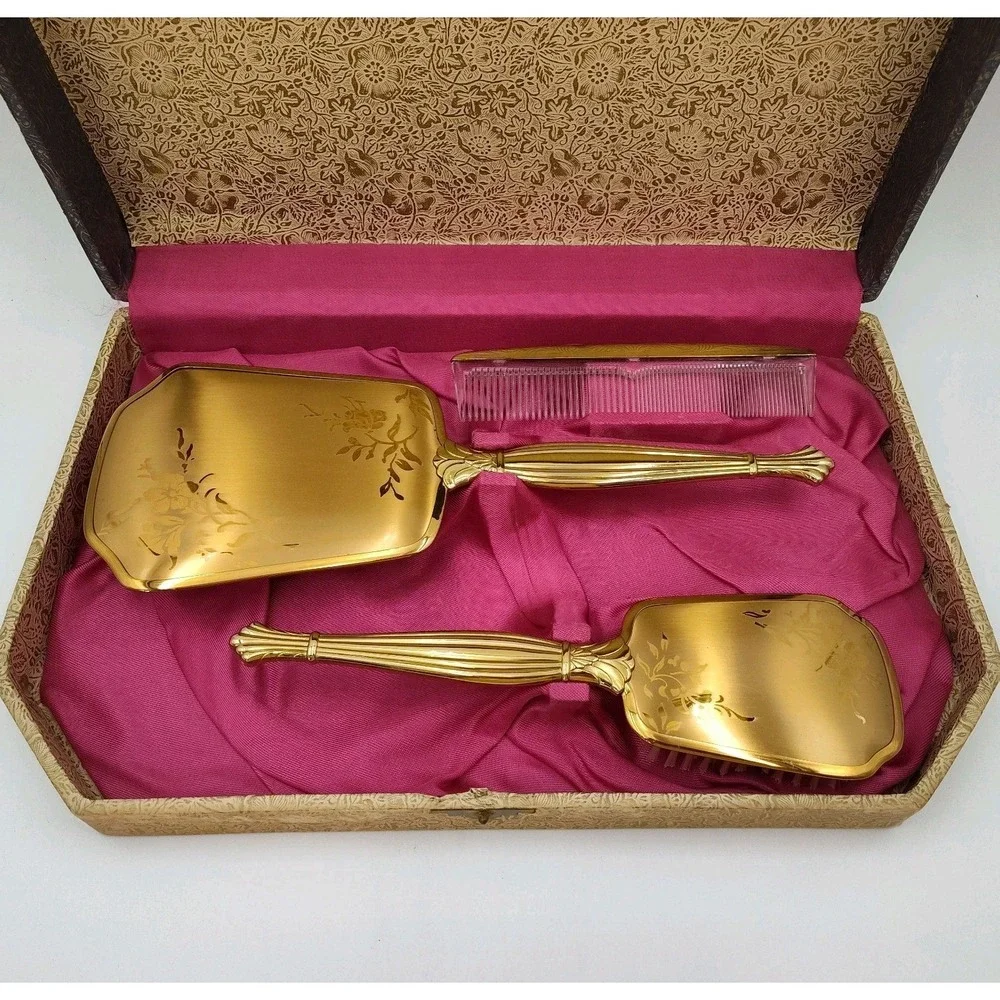 VTG Mirror Hairbrush Comb Handler FLORAL DESIGN Vanity Antq Goldtoned B507SA3572